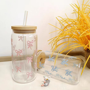 Amazon Coke Cup Bamboo Lid Straw Glass Mug Internet Red Glass Water Cup TEMU Cross Border 16oz Juice Coffee Cup
