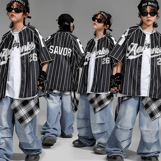 街舞女孩套装宽松牛仔裤短袖套装男童少儿hiphop演出街舞儿童潮服