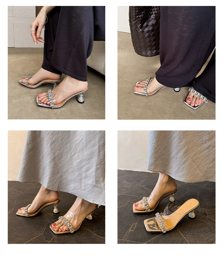 Sandal cao gót nữ mũi vuông PVC trong suốt đính đá gót thấp — màu vàng, bạc chi tiết 7