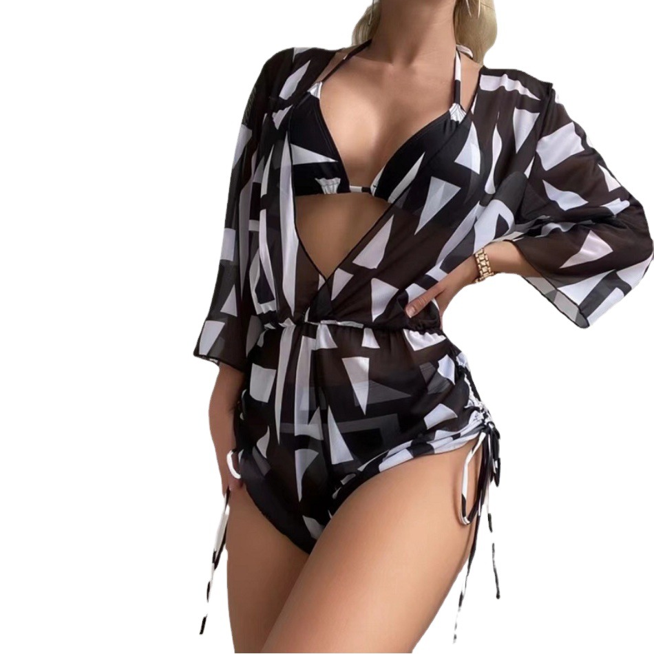 2025 New European and American Three-Piece Bikini Leaf Print Waist Tie Fashion Long Sleeve Beach Sunproof Swimsuit