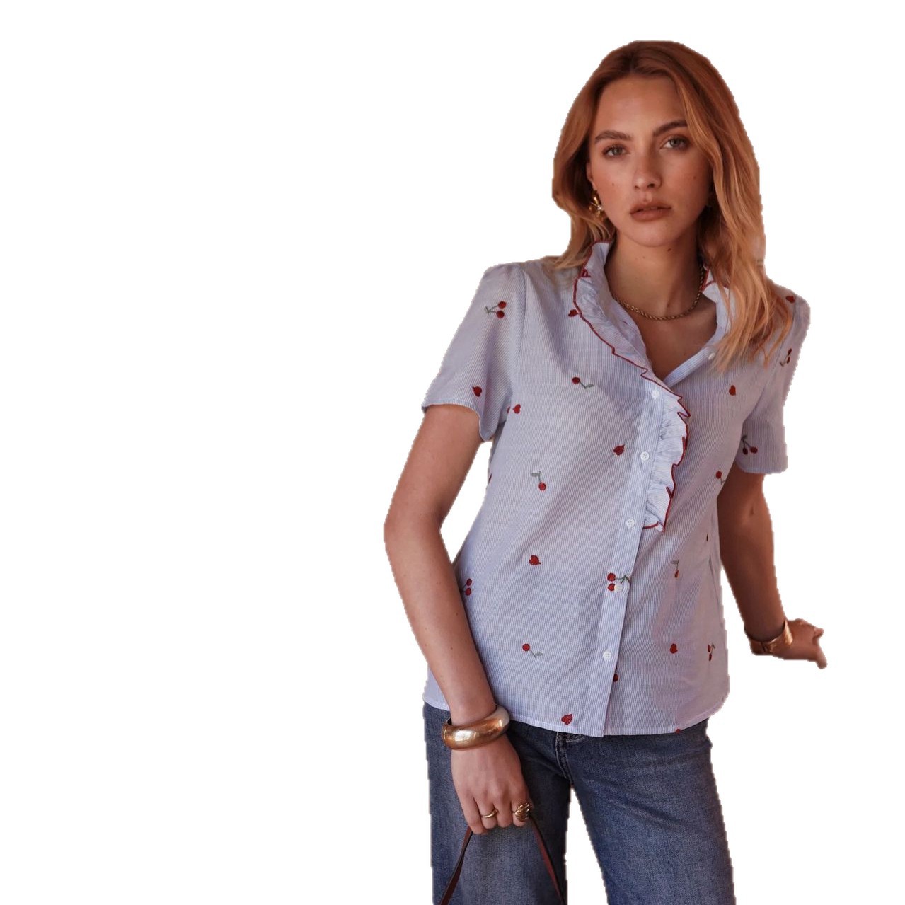 Europa y América comercio exterior de mujeres camisa a rayas de estilo francés de verano nuevo cordón de hormigueo collar camisa de manga corta image 6