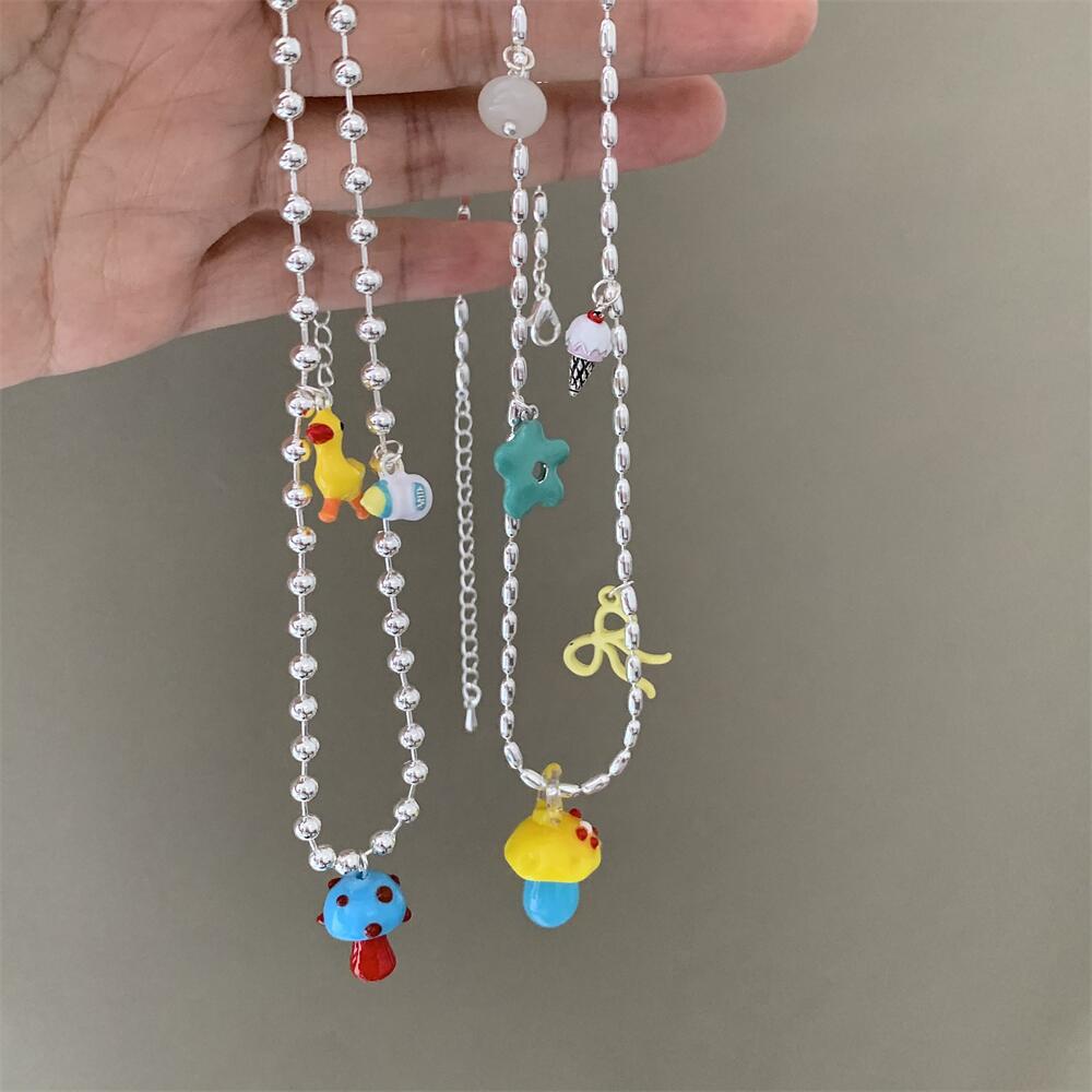 Korean Style Small Mushroom Necklace Dopamine Colorful Korean Style Fashion Handmade Kidslike Cute Kidsren Niche Design for Women