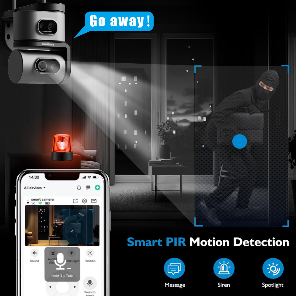 Dual-screen outdoor surveillance camera, WiFi, night vision, 4G, two-way audio