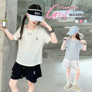 女童夏装套装2025新款洋气女大童速干短袖T恤运动服短裤两件套潮