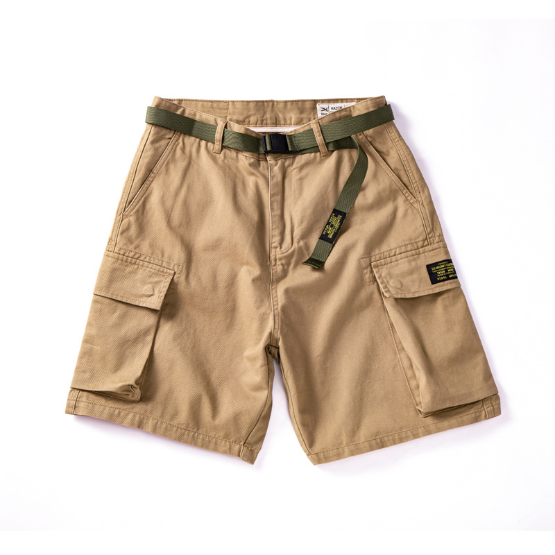 Ami Khaki Cargo Shorts Men's Summer American Retro Belt Multi-Pocket Mid-Length Loose Casual Shorts