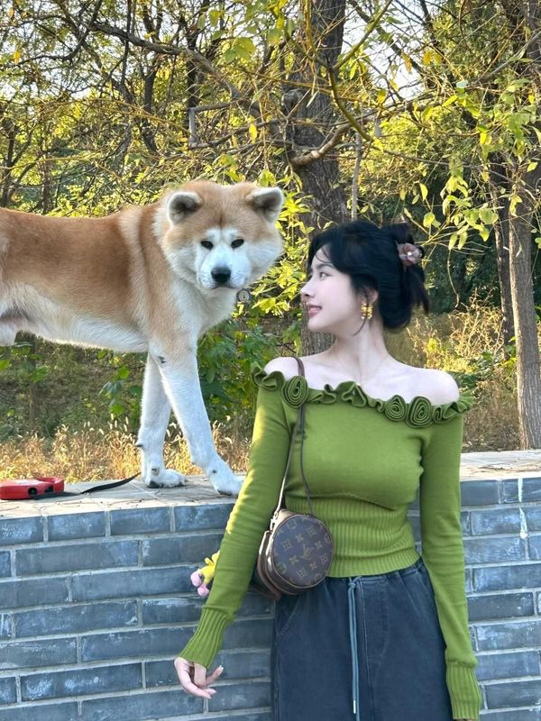 绿色立体玫瑰一字肩针织打底衫女秋冬季内搭毛衣短款纯欲露肩上衣|undefined