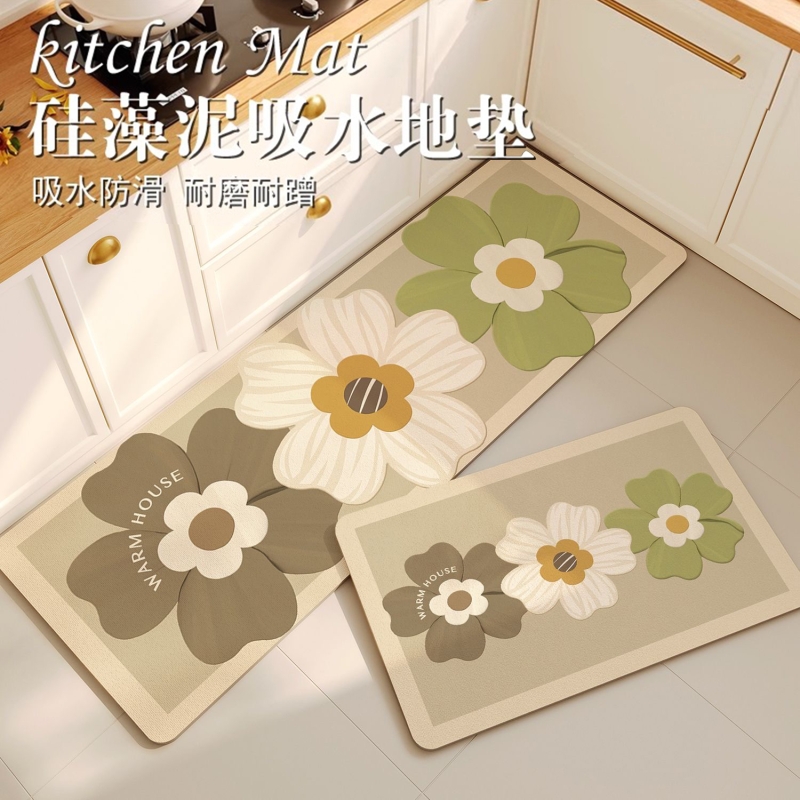 Kitchen Floor Mats Absorb Water and Oil, Quick-Drying Soft Diatom Mud Floor Mats, Wear-Resistant, Dirt-Resistant and Easy to Care For, Small Fresh Anti-Slip Mats