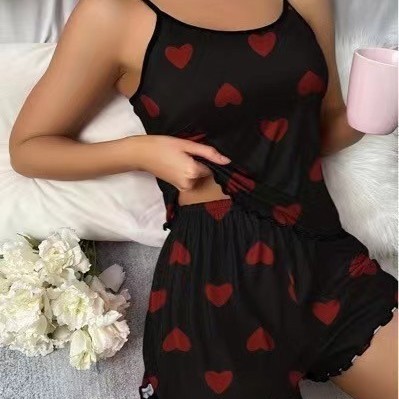 欧美外贸女士牛奶丝夏季吊带家居服套装柔软垂感可爱印花睡衣批发|undefined
