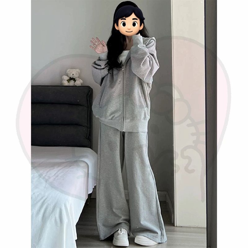 休闲运动套装女秋冬新款宽松连帽灰色卫衣阔腿裤两件套开衫外套潮|undefined