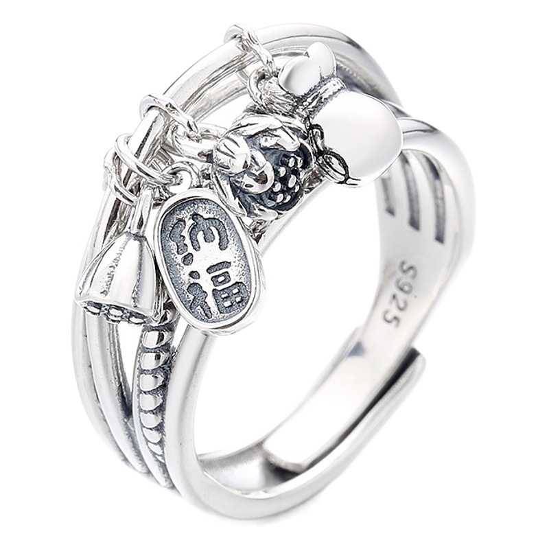 Yunchaoxuan S925 Sterling Silver Ring Women's Retro Small Pendant Tassel Lotus Creative Ancient Style Literary Style Opening Adjustable