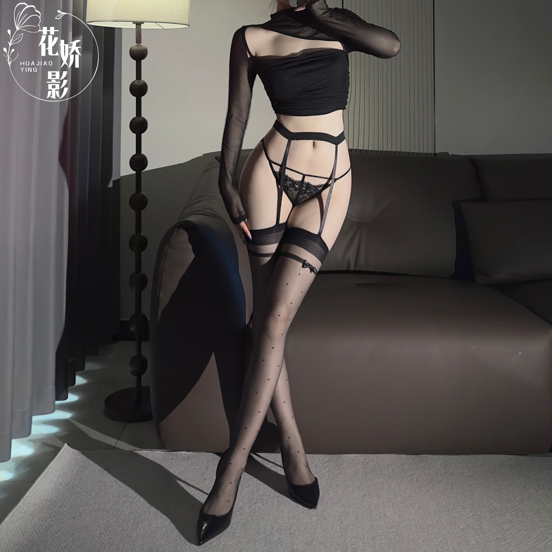 Huajiaoying sexy stockings, open and easy to take off, black silk suspenders, one-piece ultra-thin polka dots, sexy see-through temptation, knee-high
