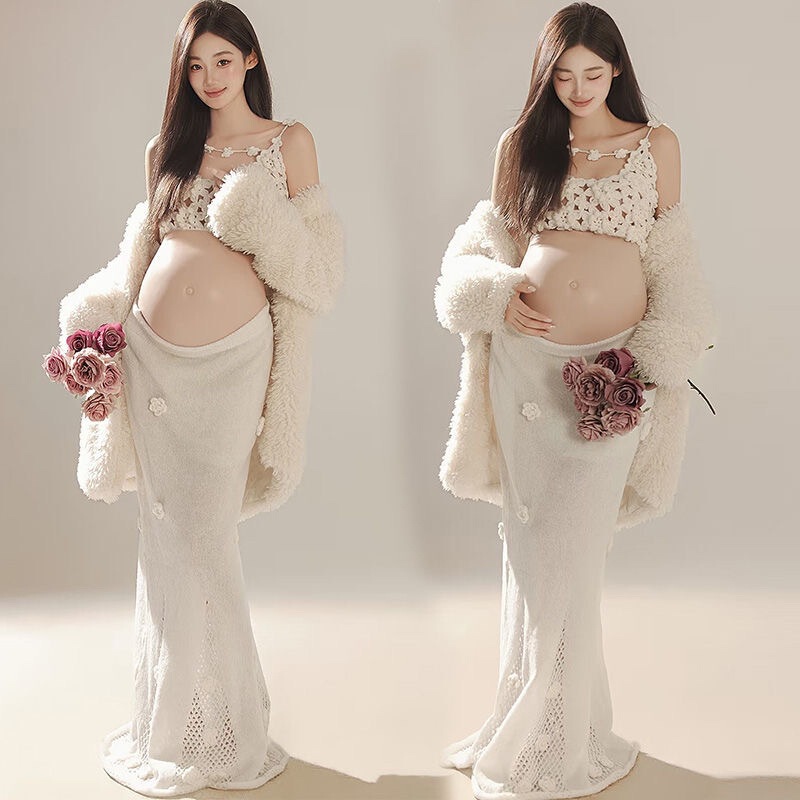 2923 Fall/Winter New Photo Studio Pregnant Women Photo Portrait Clothing Lazy Sweater Stereo Knitted Flower suit