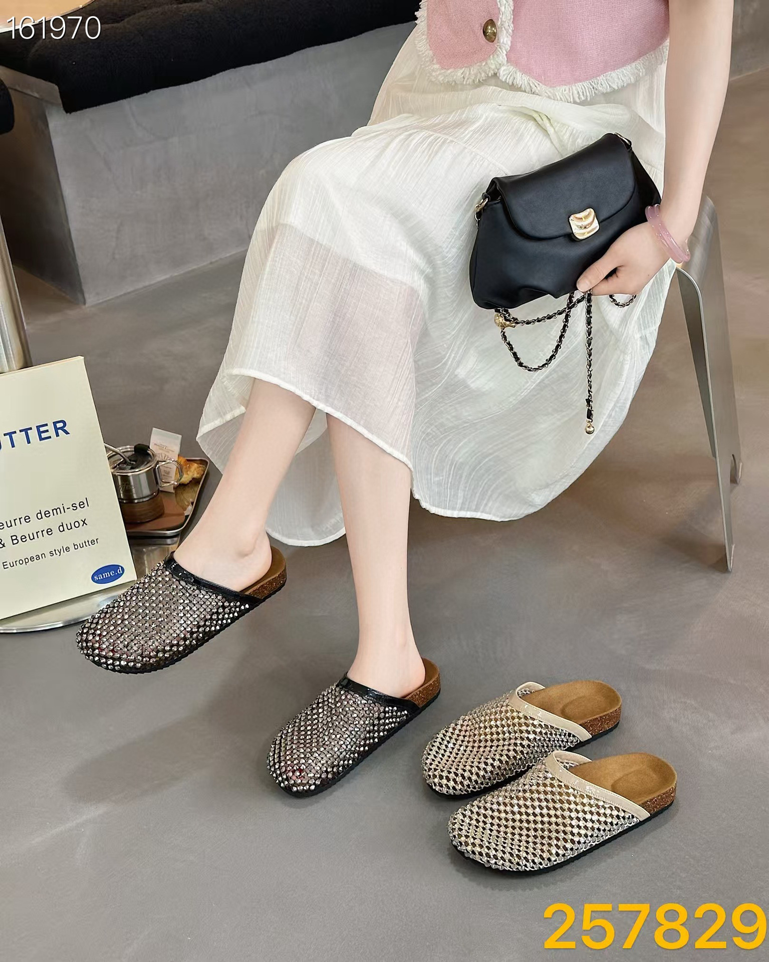 Sandal nữ mũi nhọn đính đá lưới thoáng khí da thật phong cách châu Âu — vàng chi tiết 3