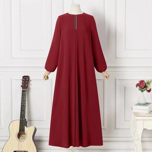 Muslim women's dress, Arabic solid color, ribbon, bubble sleeve, loose round neck, one-piece dress