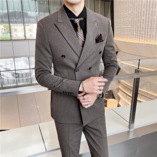 Men's Korean Style Suit New Double-Breasted Three-Piece Business Casual Formal Wear No-Iron Striped Large Size Suit