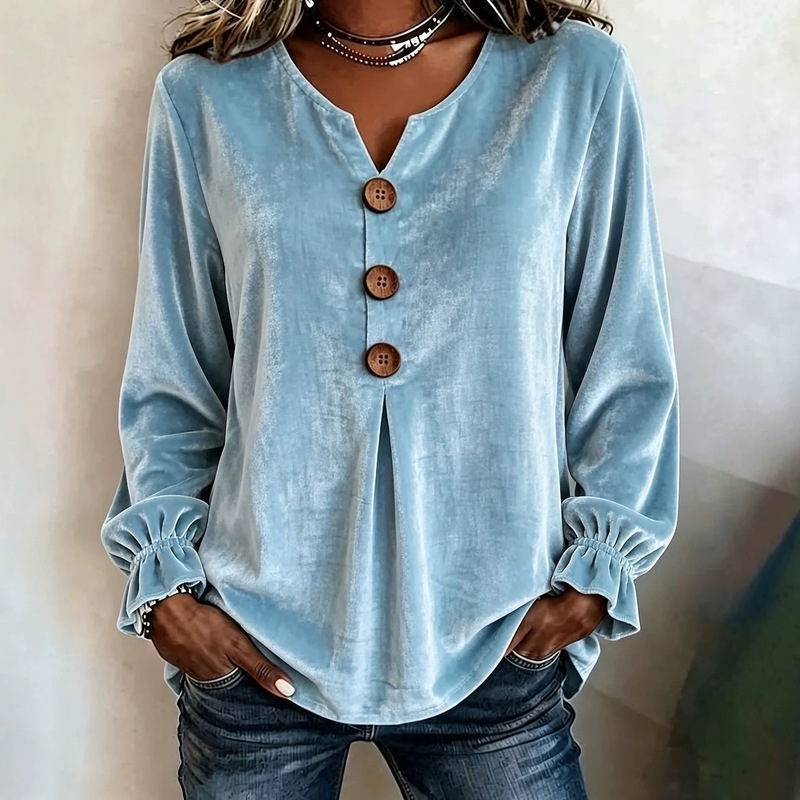 2026 European and American Women's Clothing Cross-Border Amazon Independent Site New Velvet Long-Sleeve Top Shirt Fashion V-Neck Buttoned