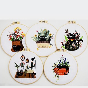 Cross-Border English Embroider DIY Material Package Kit Lazy Black Cat Handmade Embroider Material Package Handmade