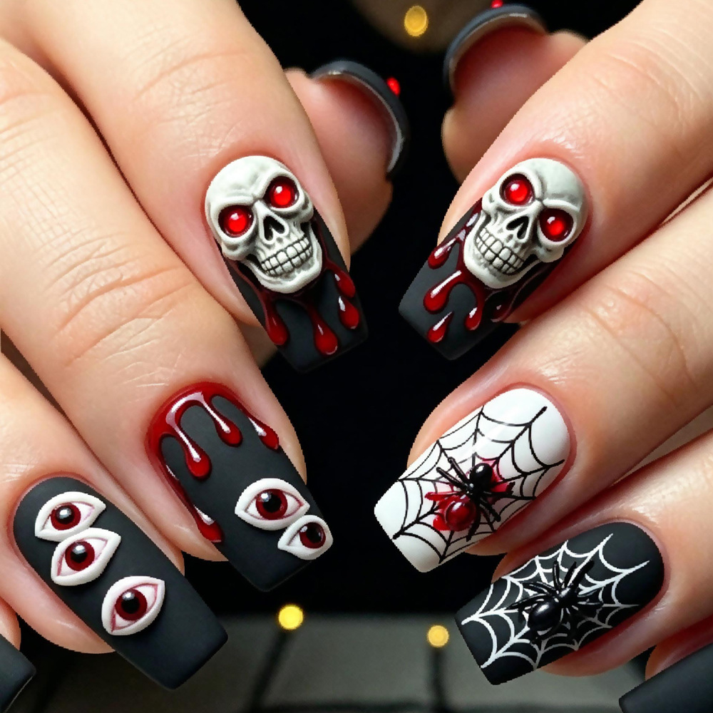 Halloween manicure piezas de uñas desgastadas uñas rectangulares 3D gotas de sangre tridimensionales esqueleto oscuro ojos del diablo pegatinas de uñas falsas