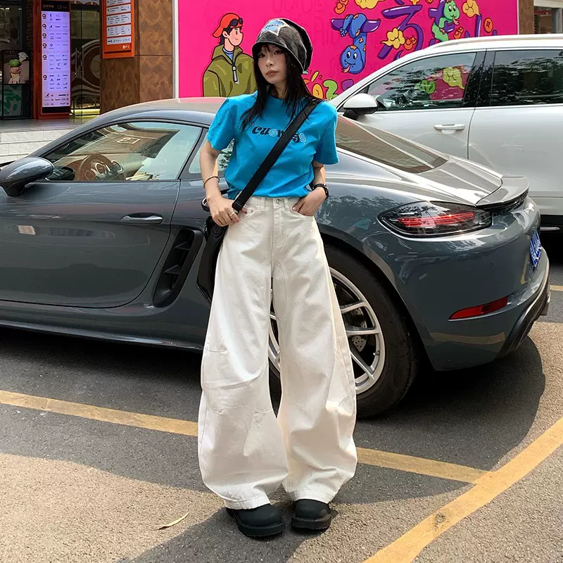 跨境复古白色弯刀牛仔裤女夏季2025新款拼接宽松梨形显瘦镰刀裤