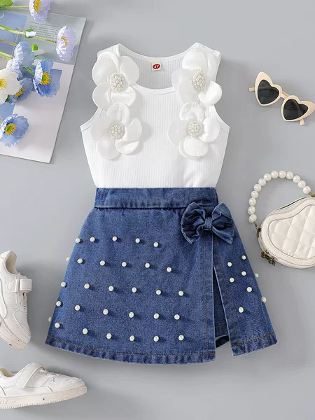 2026 Cross-Border Girls' European and American Fashion Floral Top + Irregular Bow Beaded Jeans Two-Piece Set