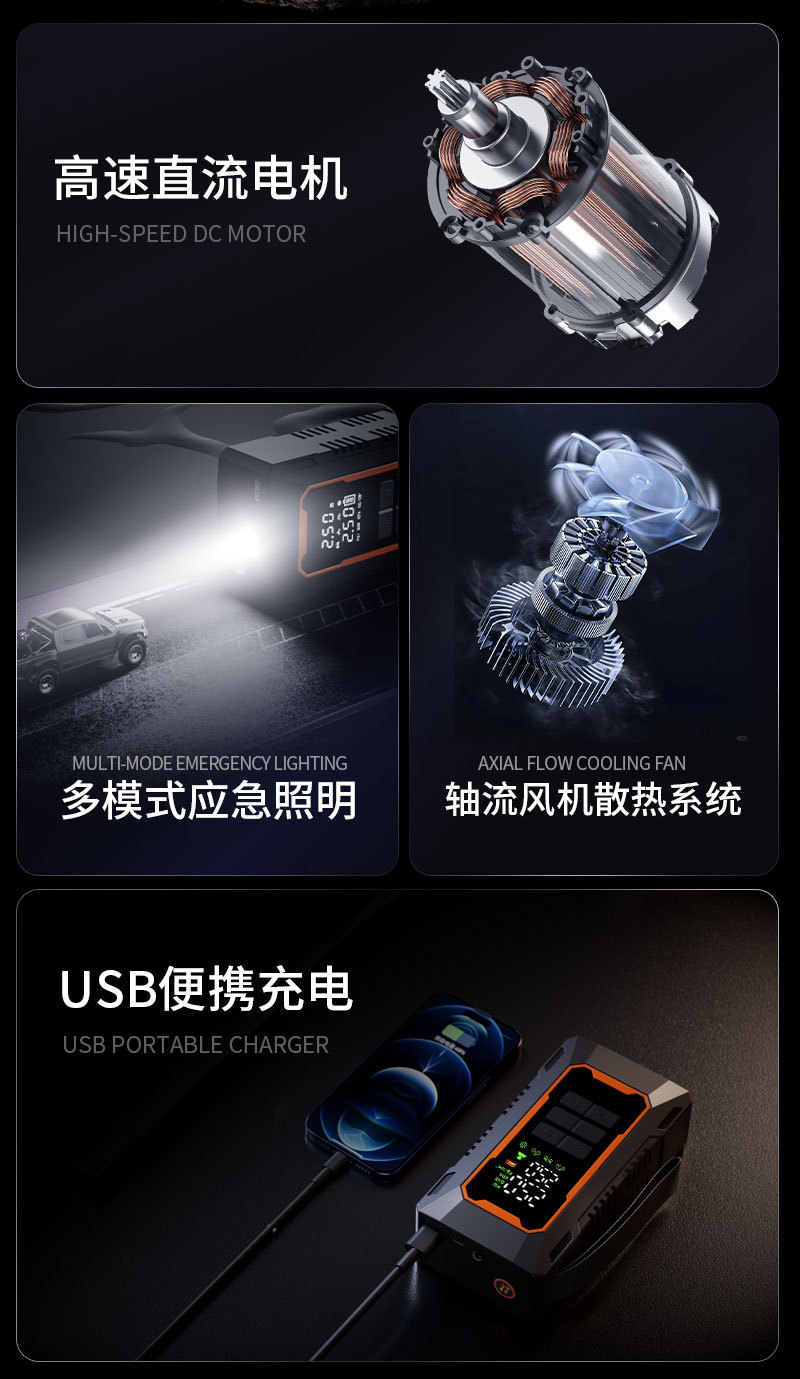 Car Air Pump Emergency Jump Starter All-In-One Portable Electric Inflator 12V Power Bank Cross-Border
