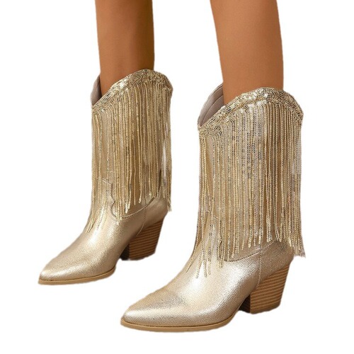 Women's Cross-Border Western European and Chinese Mid-Calf Fashion Boots, Plus Size Retro Rough Heel Pleated Slip-On V-Mouth Western Cowboy Boots