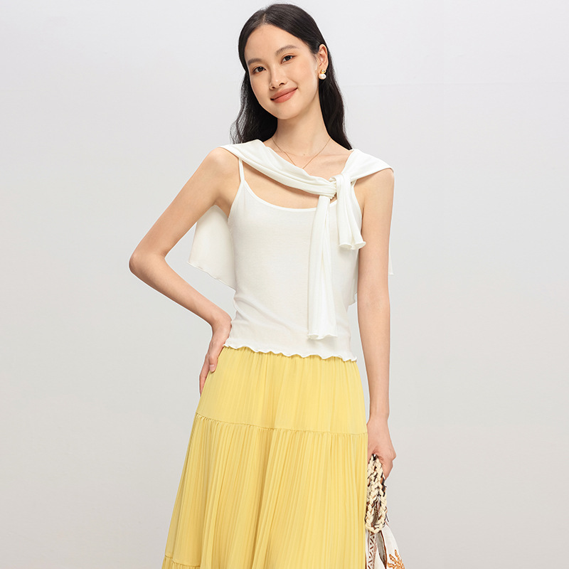 【He Yue】6% Silk Slimming Camisole for Women, Can Be Worn as an Inner Layer or Outerwear, Short Style with Ruffled Edges, Versatile Tank Top