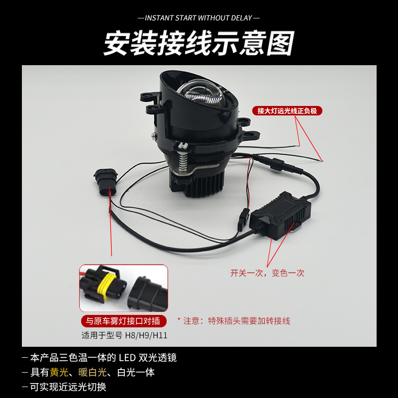 Luces antiniebla LED de tres colores para automóviles, modificación de lente de luz dual de 3 pulgadas, luz blanca, luz amarilla, amarillo claro, adecuadas para Ford, General Motors, Nissan.