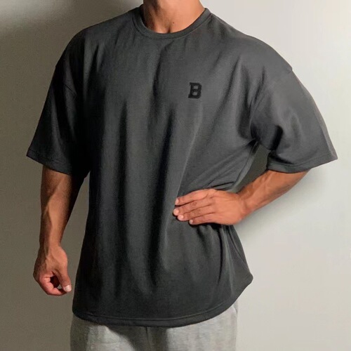 Summer Short Sleeve Men's Sports Fitness Training Top Loose Oversized Drop Shoulder Heavy Cotton Material T-Shirt