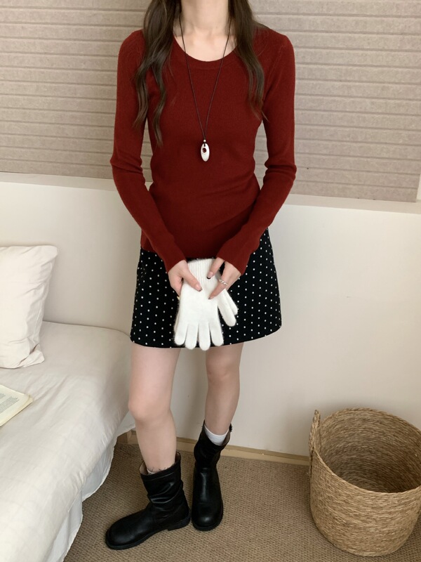 2025秋冬新款修身显瘦纯色针织打底衫女圆领百搭气质毛衣内搭套头|undefined