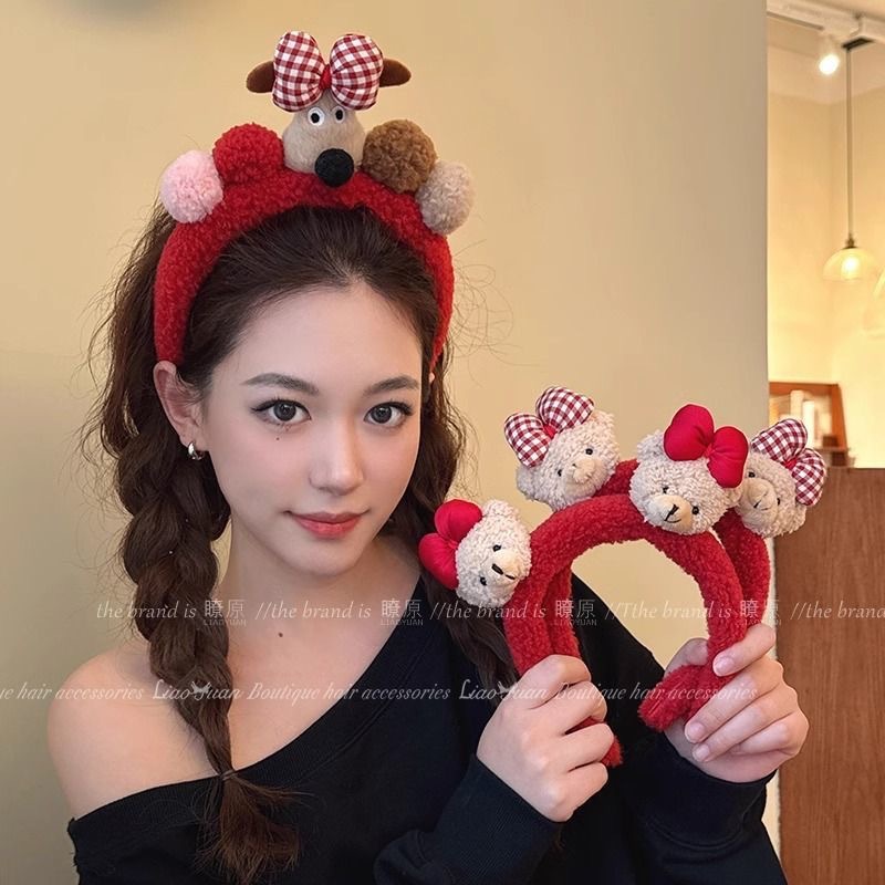 cute red plush cartoon bow bear headband for women autumn and winter new face wash makeup special hairware