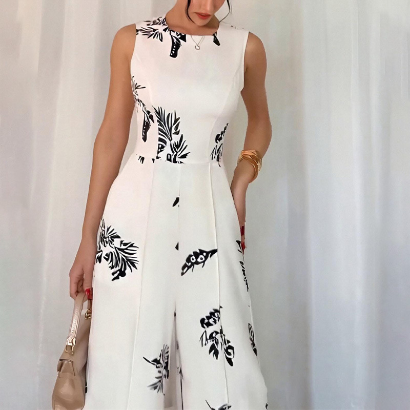 Diseño de tendencia europea y americana nueva impresión casual transfronteriza europea y americana sin mangas elegante delgada cintura y piernas anchas