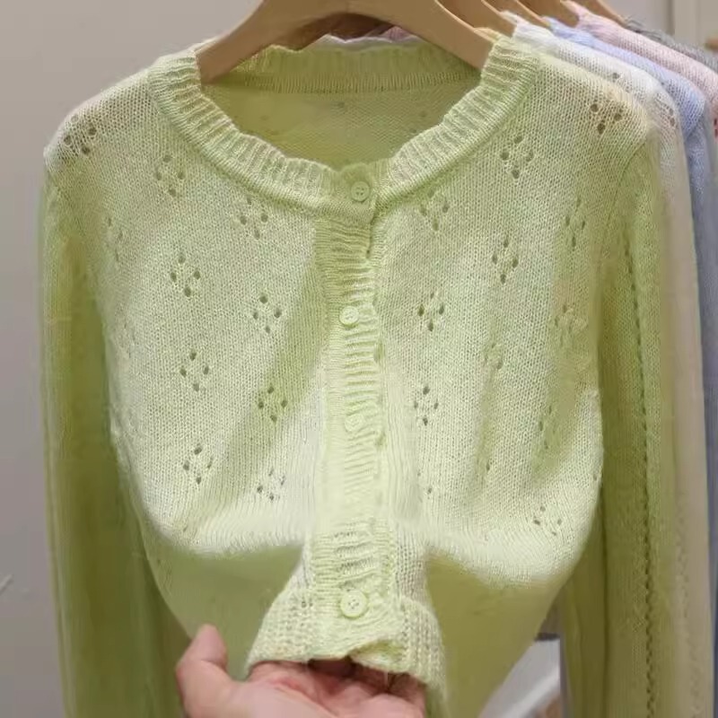 Thin Hollow Knitted Cardigan Lazy Style Mint Mambo Wear New 2024 Spring Small Friendly