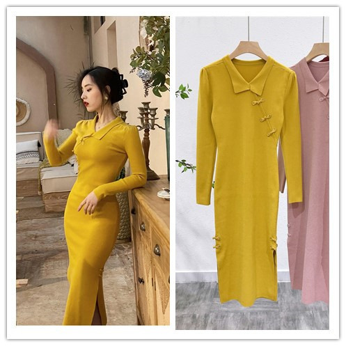 3582 Autumn Season Lapel Buttoned Slim-Fit Cheongsam Dress with Slit for Women