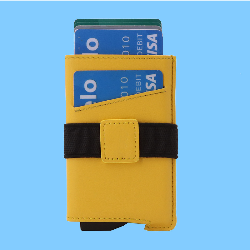 跨境鋁盒卡包RFID防盜刷松緊帶錢包真皮自動卡盒彈出名片盒定制