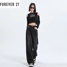 FOREVER 21黑灰色阔腿牛仔裤女2024春季高腰宽松百搭直筒拖地裤子