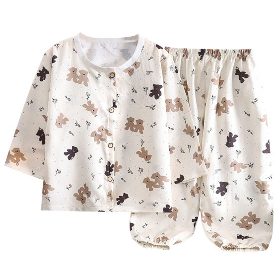 Children's Summer Pajamas Lightweight and Cool Home Clothes Cardigan for Boys and Girls Korean-style Long-sleeved Trousers Two-piece Air-conditioning Suit