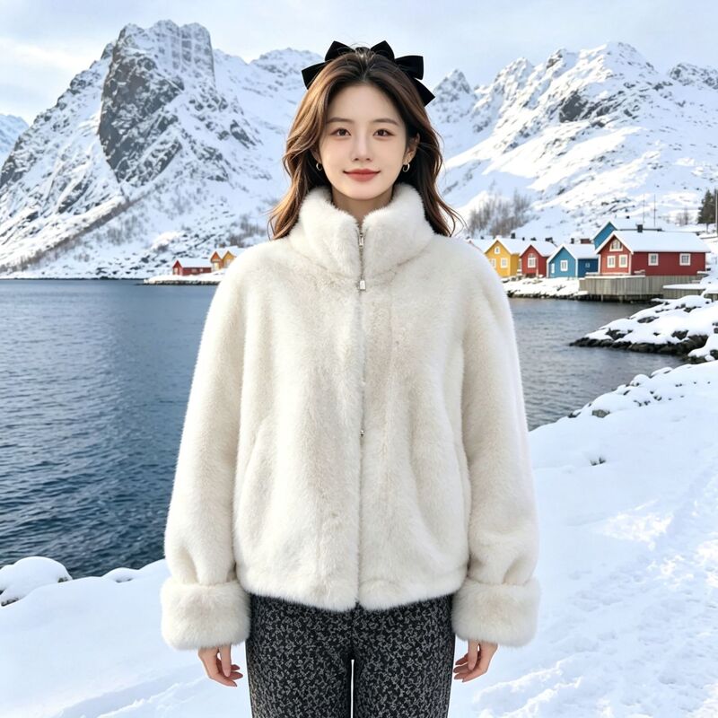 Cross-Border Stand-Collar Short Coat for Women, Faux Mink Fur, Cute Thickened Autumn and Winter Jacket, Women's Fur and Leather Integrated