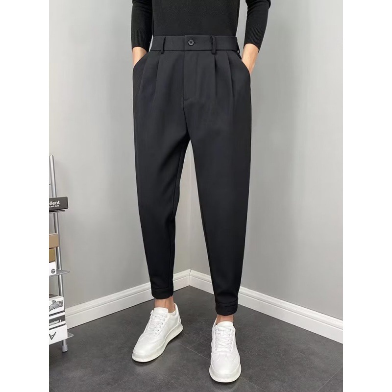 Primavera y otoño drapeado pantalones de traje flaco estilo coreano de los hombres de moda slim fit recortada pantalones casuales color sólido todo partido pantalones de traje recto