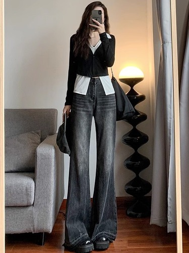 American Retro Micro Bell Bottom Jeans for Women - Autumn Hot Girl Design Sensory Frayed Horseshoe Pants - High Waist Loose Wide Leg Pants