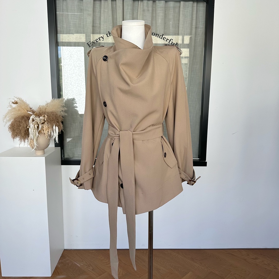 Main Line Series | Kitagawa Keiko 2.0 Vintage Trench Coat with Draped Effect, Two-Way Wear, Asymmetrical Short Trench Coat in Black and Khaki