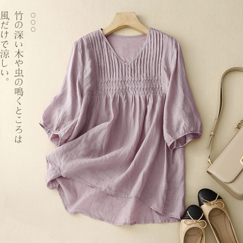 Real Shot of 2025 Summer Cotton and Linen Babydoll Loose Three-Quarter Sleeve T-Shirt Women's New V Neck Versatile Shirt
