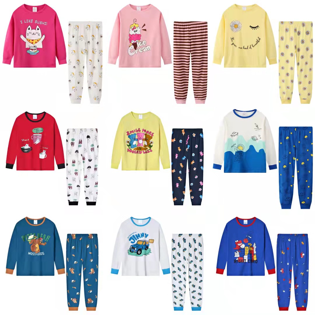 Pijamas para niños de dos piezas de estilo europeo y americano cuello redondo manga larga dibujos animados impreso ropa de aire acondicionado comercio exterior al por mayor ropa para niños grandes