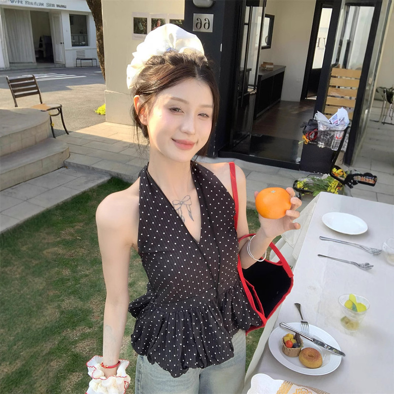 Black Polka Dot Sweet Style Halterneck V Neck Vest Women's Summer Design Niche Slim Fit Chic and Beautiful Top