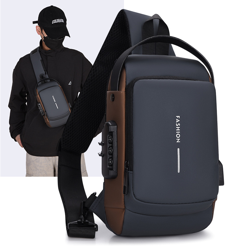 Bolso de pecho para hombre multifuncional con contraseña, espalda antirrobo, deporte de un solo hombro, mensajero impermeable, bolsa de locomotora de gran capacidad para automóvil deportivo genial