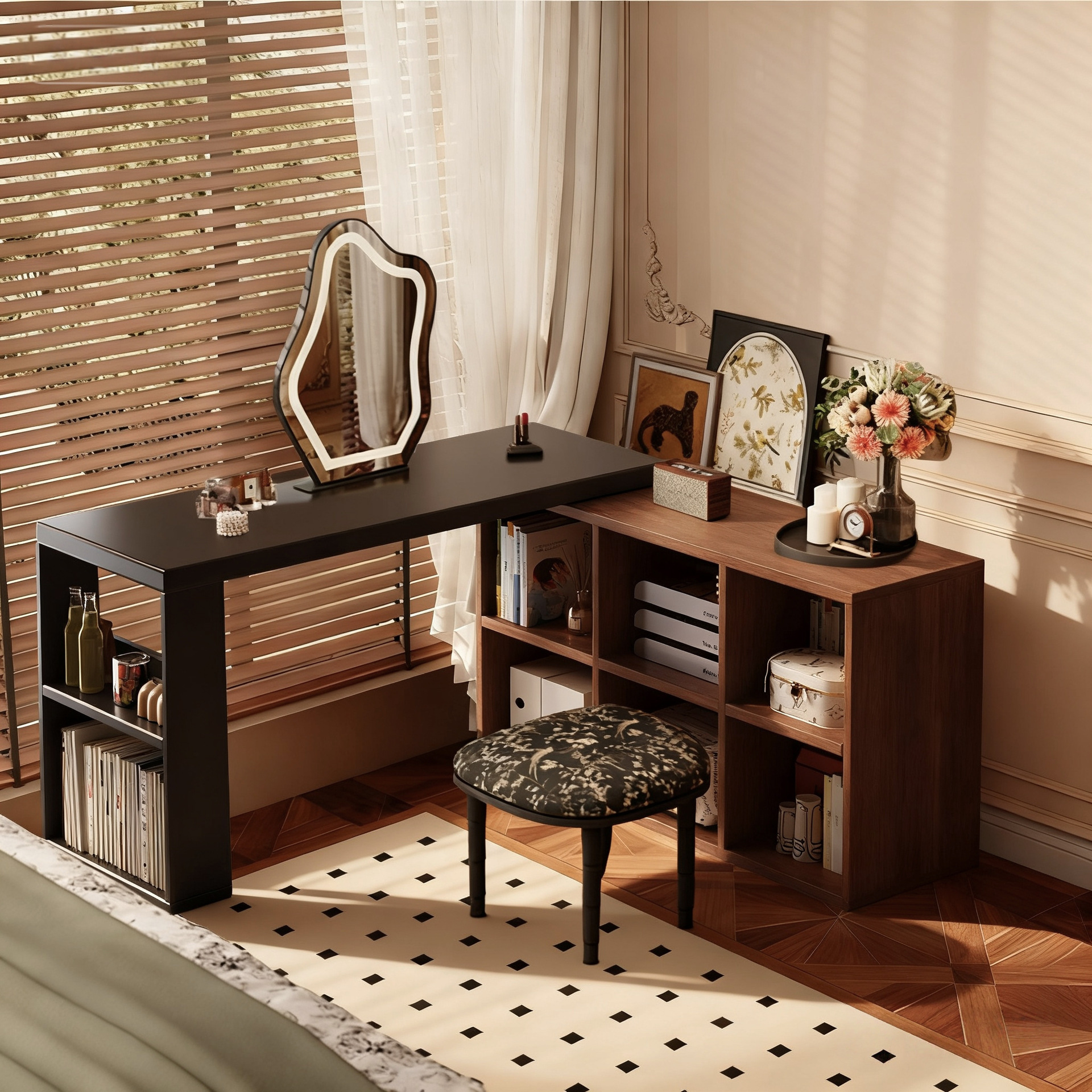 Escritorio de estilo medieval, escritorio de computadora retro semi-cercado, dormitorio de niñas, esquina, tocador, armario de almacenamiento, mesa integrada