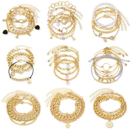 European and American cross-border retro thick chain personalized bracelets mixed and matched open bracelets bracelets stacked style set bracelets wholesale