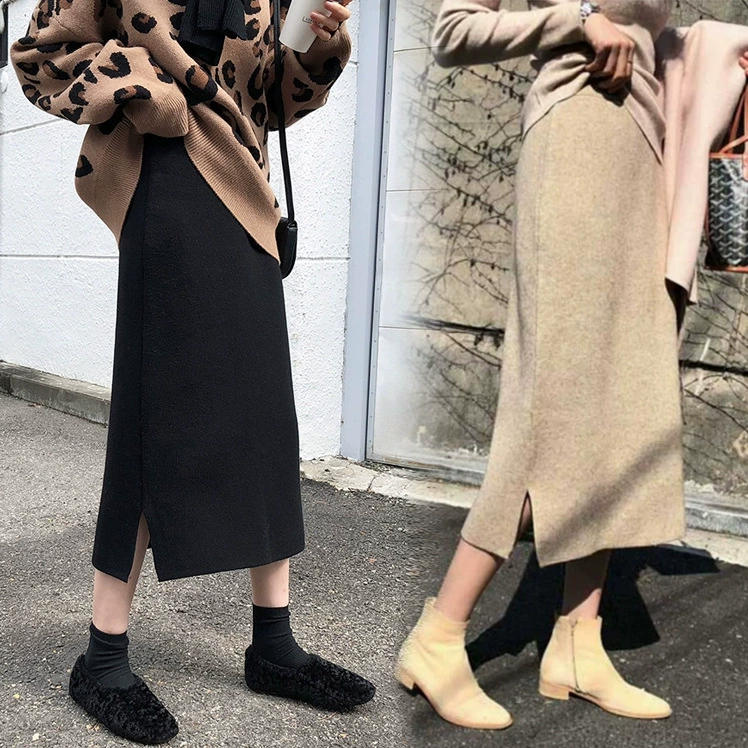 В наличии платье для беременных осень и зима Новая простая Однотонная юбка для беременных Повседневная трикотажная юбка с разрезом