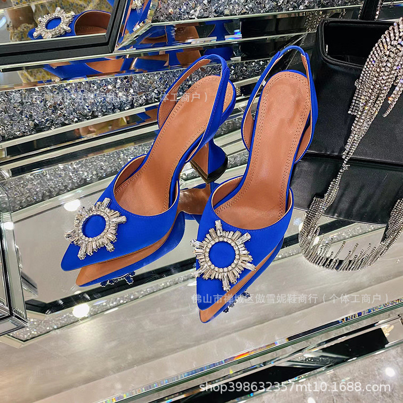 2026 Spring/Summer New Sunflower Rhinestone Buckle Pointed Toe High Heels Women's Fairy Style Closed-Toe Shallow Hollow Sandals