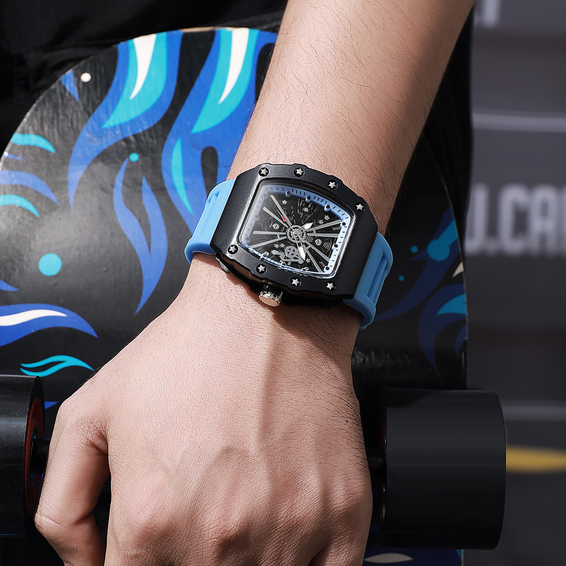 New hollow-out Richard men's watch, barrel-shaped, screw-back case, silicone strap, sports quartz watch